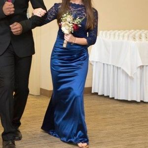 Long nave blue bridesmaid dress with lace sleeves